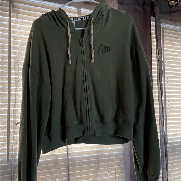 PINK Victoria's Secret Tops - PINK Slouchy Crop Green ZIP Up Hoodie